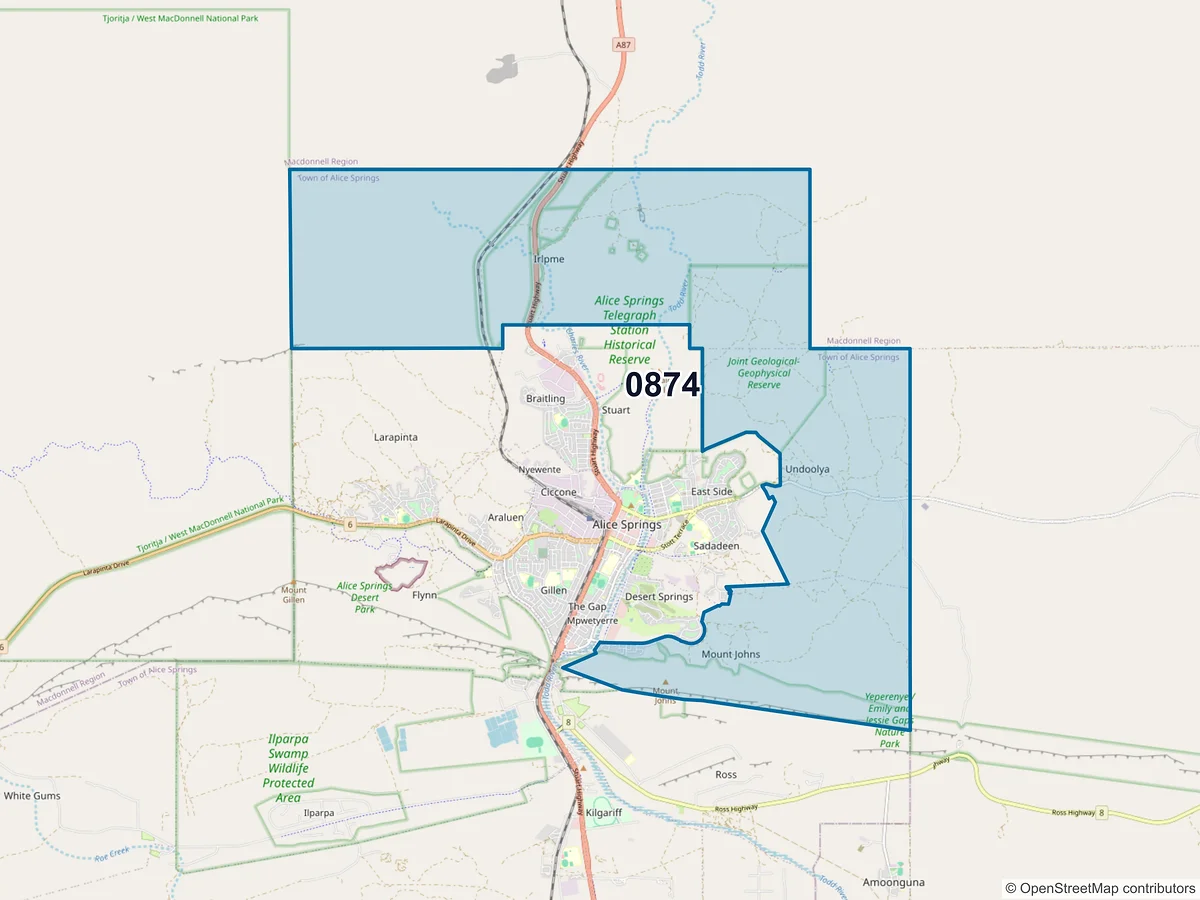 Map of postcode 0874 — Mount Johns, NT, Australia