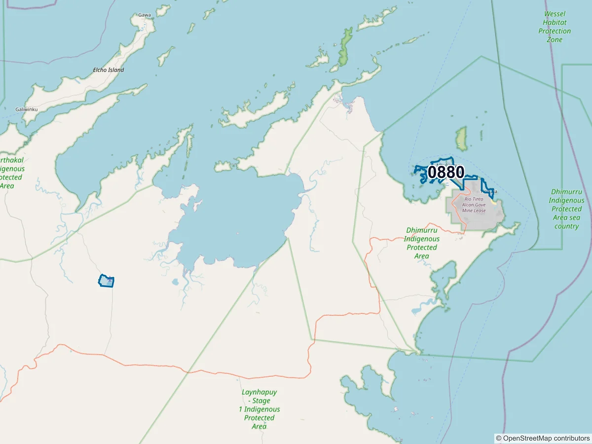 Map of postcode 0880 — Nhulunbuy, NT, Australia