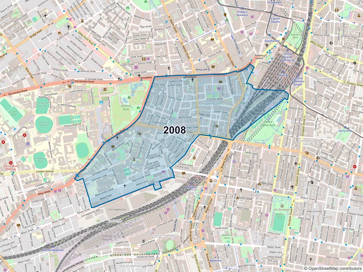 Map of postcode 2008 — Chippendale, NSW, Australia