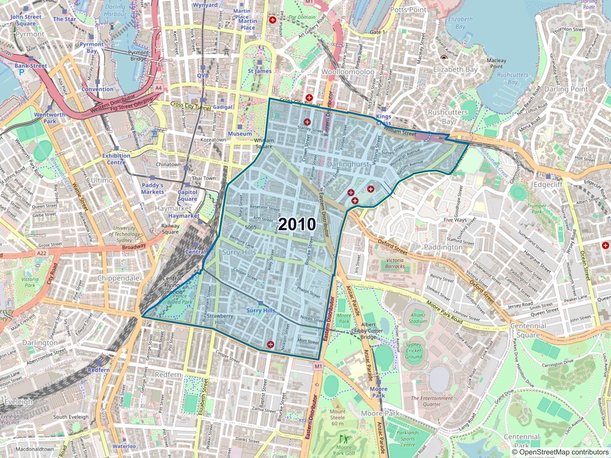Map of postcode 2010 — Surry Hills, NSW, Australia
