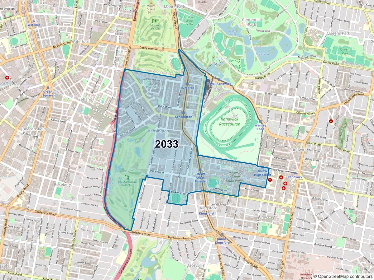 Map of postcode 2033 — Kensington, NSW, Australia