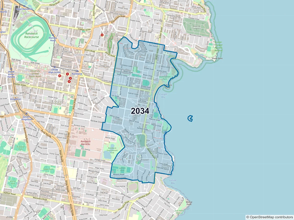 Map of postcode 2034 — Coogee, NSW, Australia