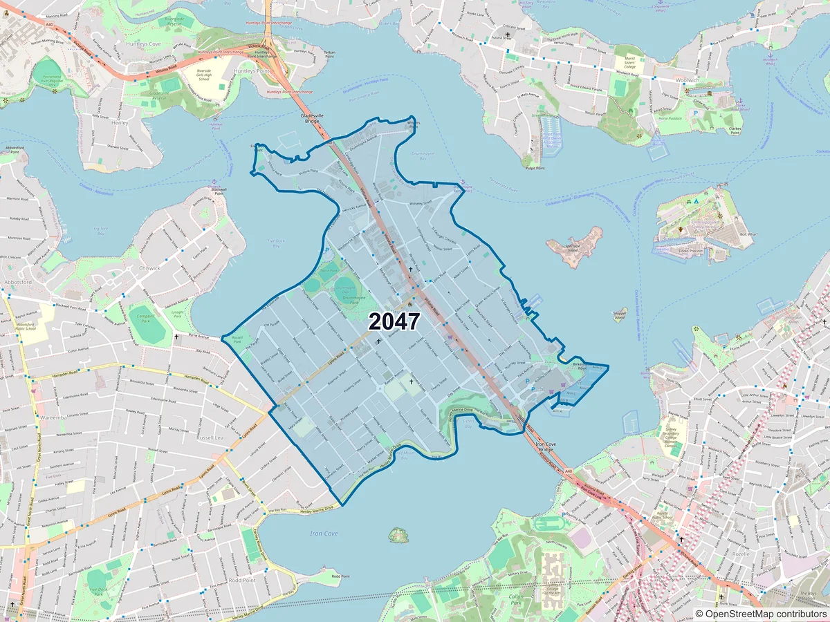 Map of postcode 2047 — Drummoyne, NSW, Australia