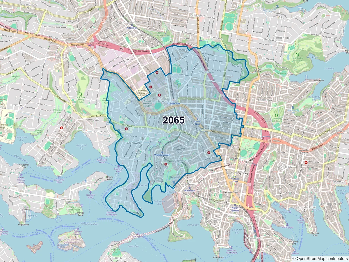 Map of postcode 2065 — St Leonards, NSW, Australia