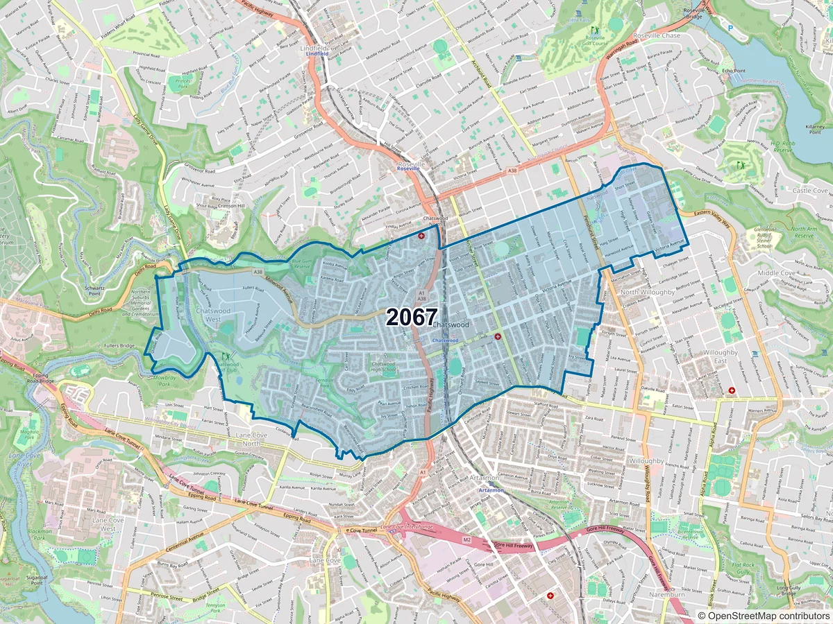 Map of postcode 2067 — Chatswood, NSW, Australia