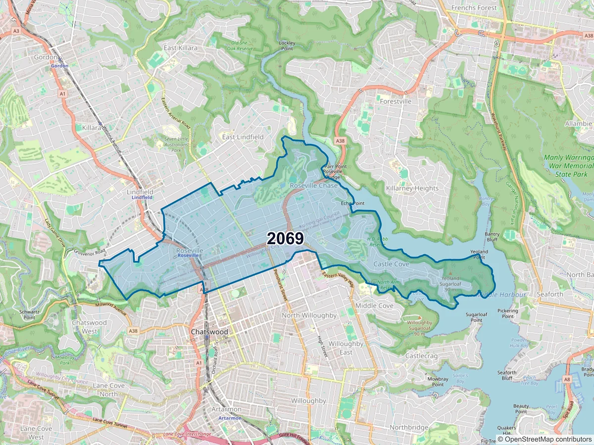 Map of postcode 2069 — Roseville, NSW, Australia