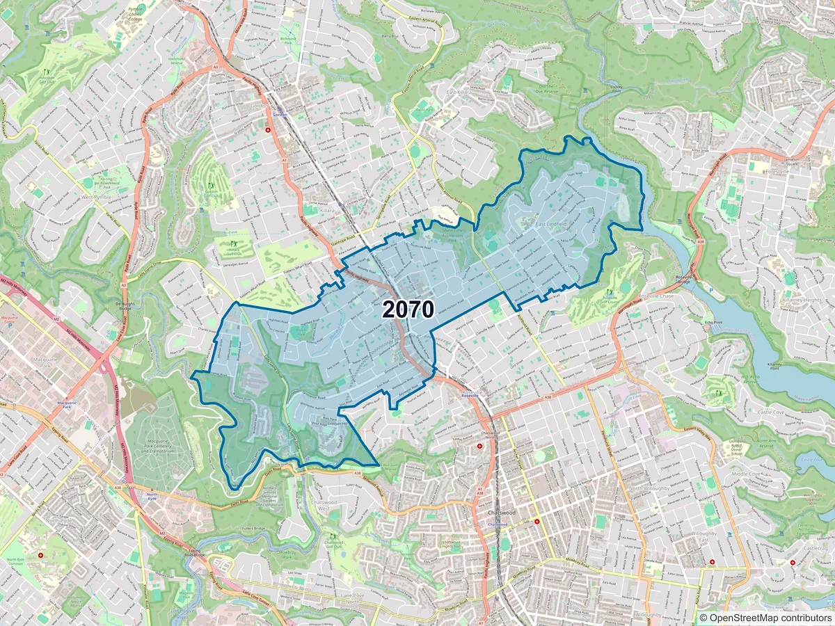 Map of postcode 2070 — Lindfield, NSW, Australia