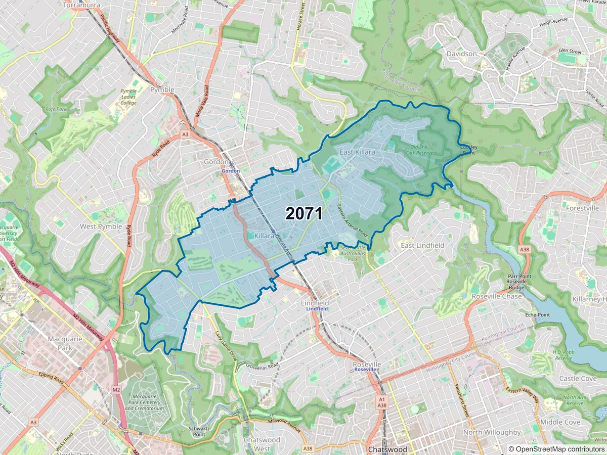 Map of postcode 2071 — Killara, NSW, Australia