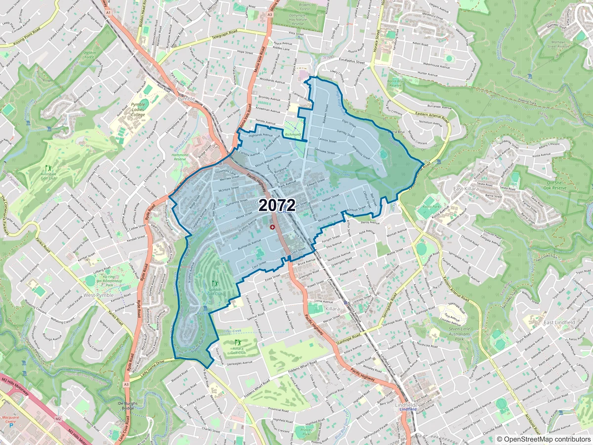 Map of postcode 2072 — Gordon, NSW, Australia