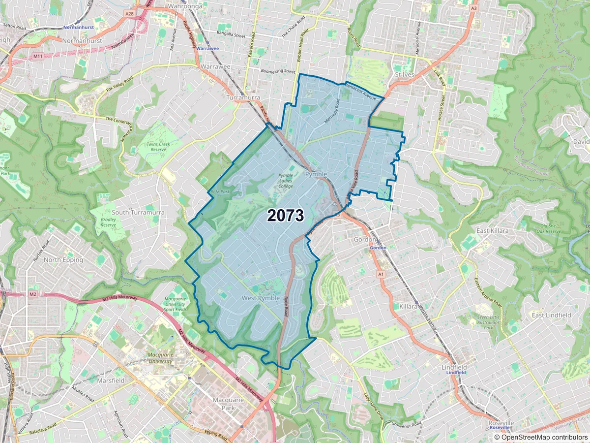 Map of postcode 2073 — Pymble, NSW, Australia