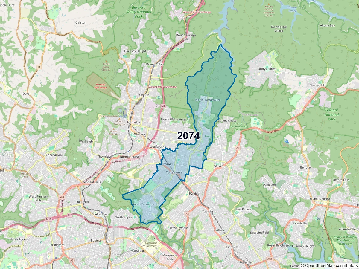 Map of postcode 2074 — Turramurra, NSW, Australia