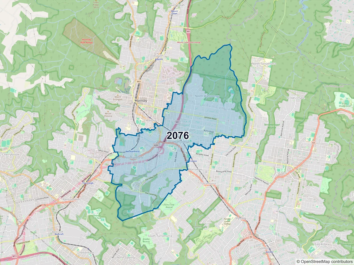 Map of postcode 2076 — Wahroonga, NSW, Australia