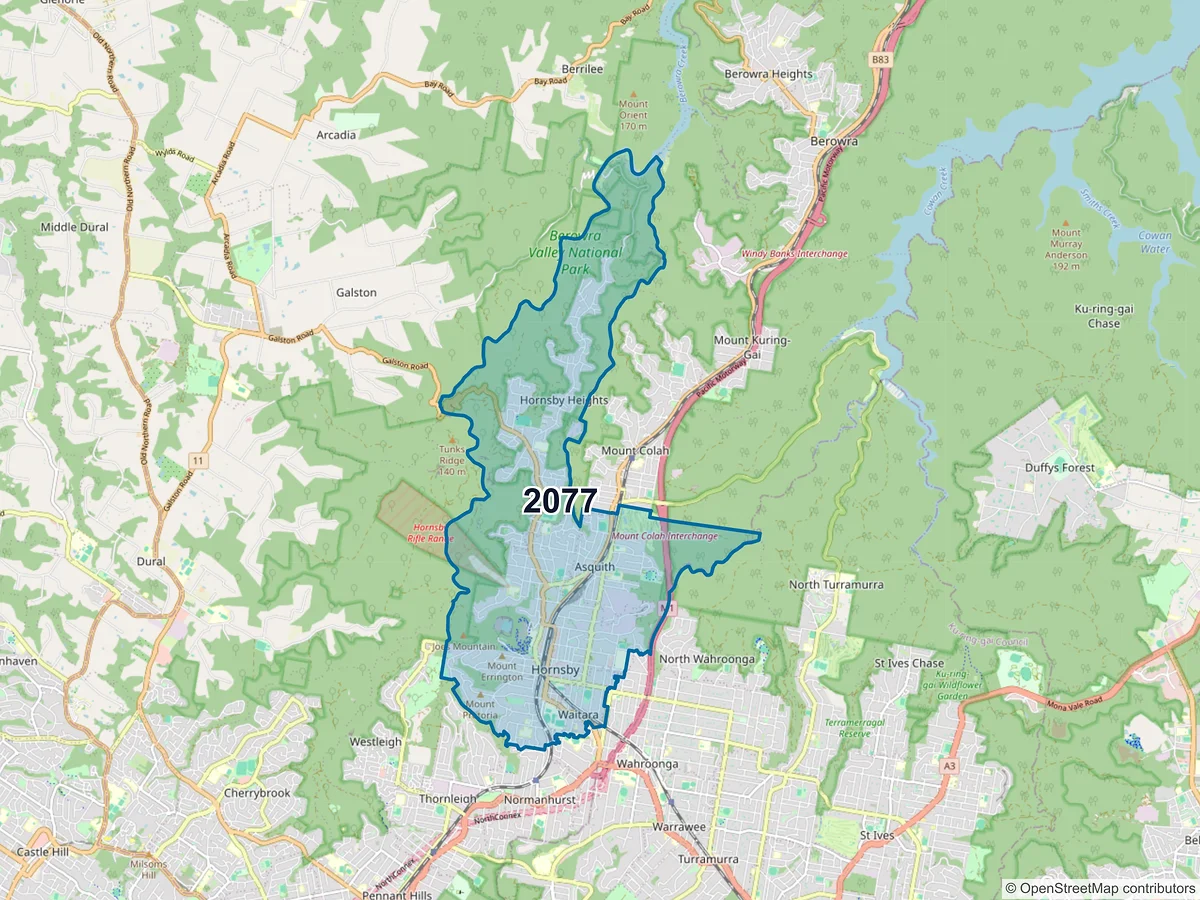 Map of postcode 2077 — Hornsby, NSW, Australia