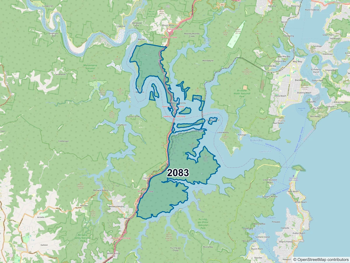 Map of postcode 2083 — Brooklyn, NSW, Australia