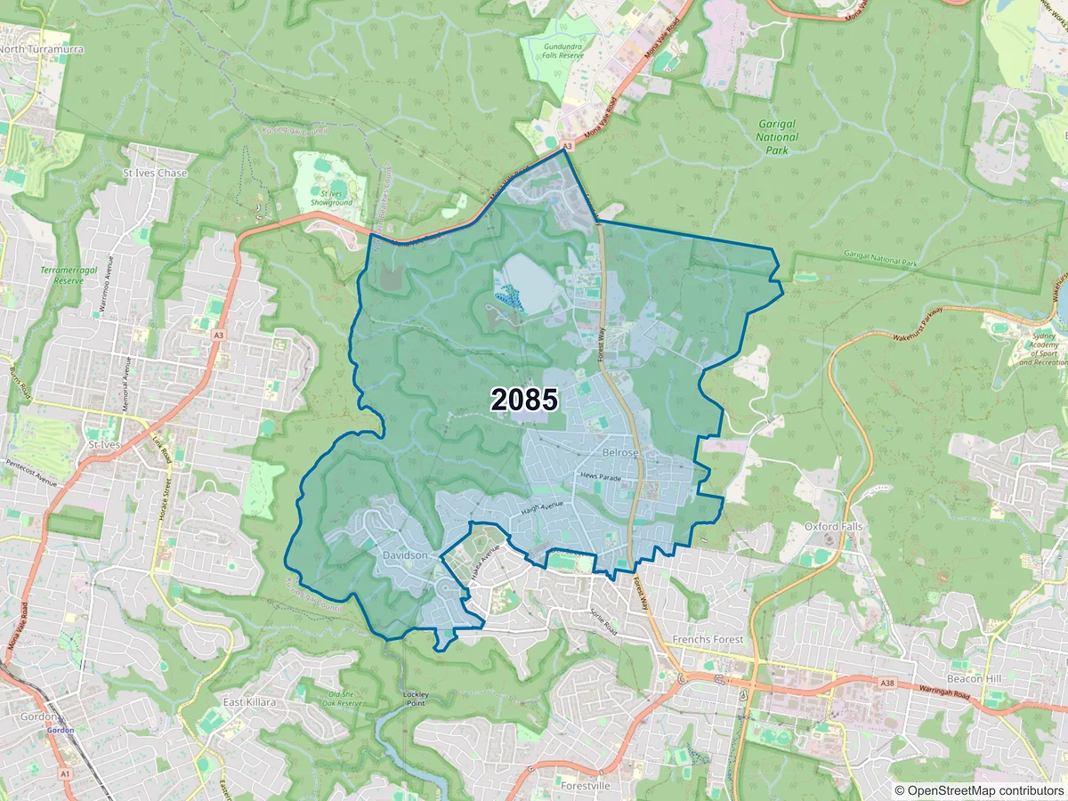 Map of postcode 2085 — Belrose, NSW, Australia