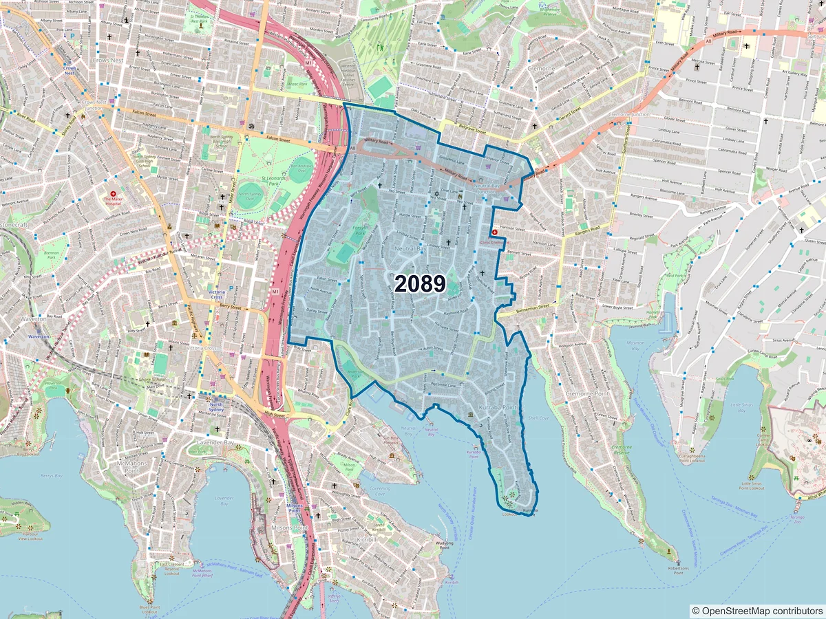 Map of postcode 2089 — Neutral Bay, NSW, Australia