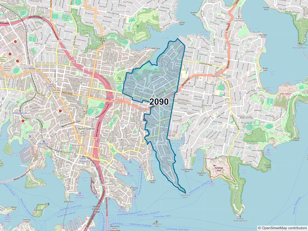 Map of postcode 2090 — Cremorne, NSW, Australia