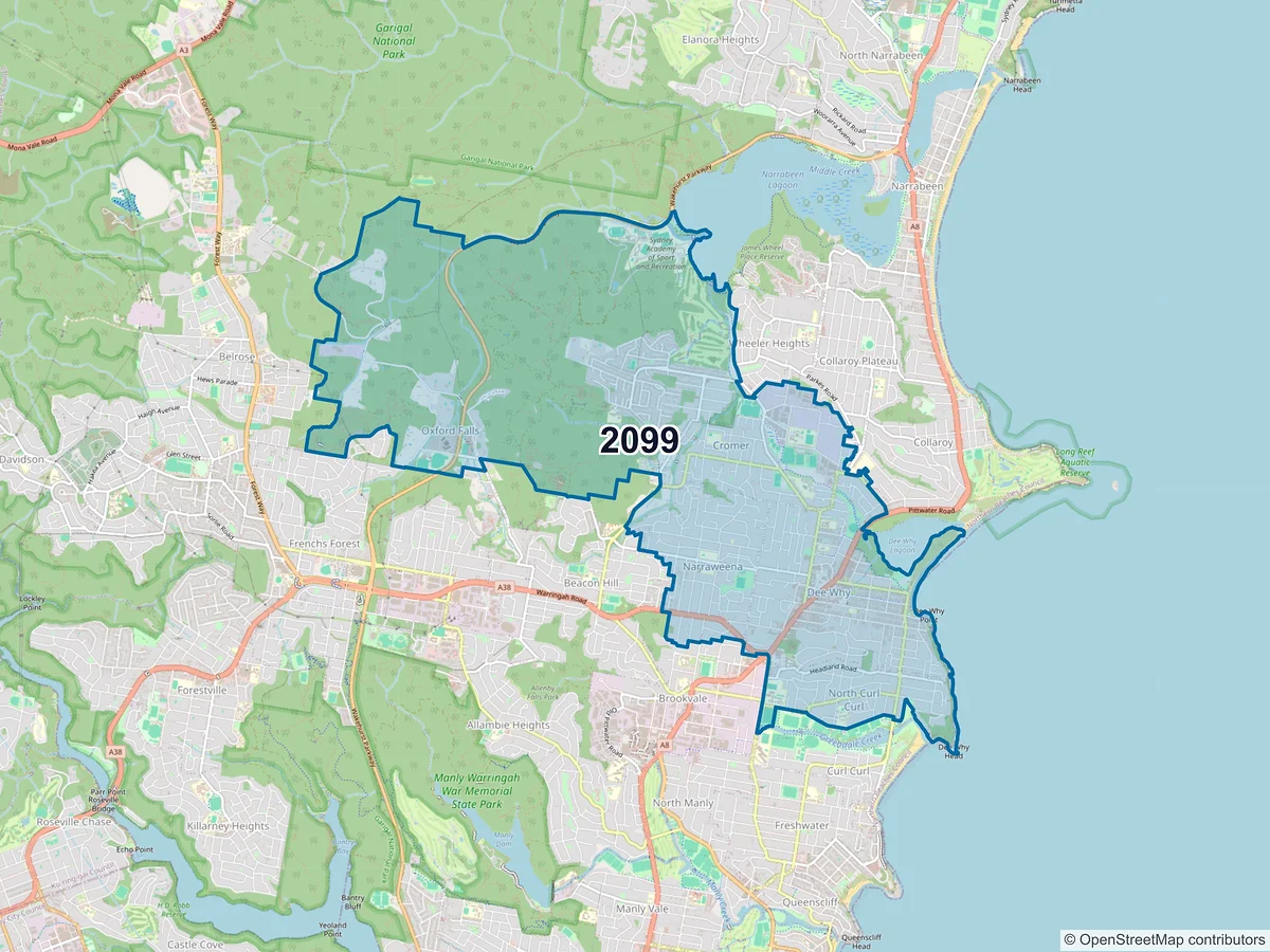 Map of postcode 2099 — Dee Why, NSW, Australia