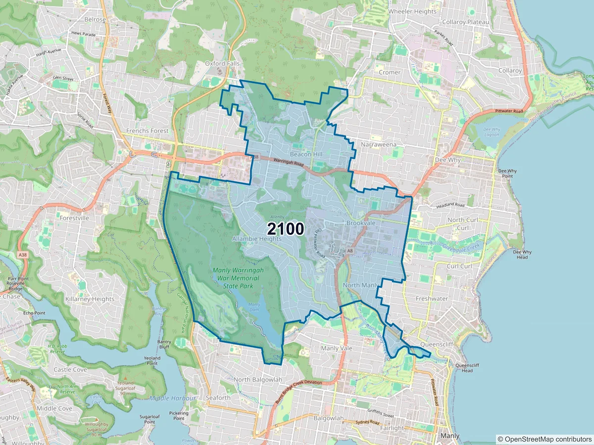 Map of postcode 2100 — Brookvale, NSW, Australia