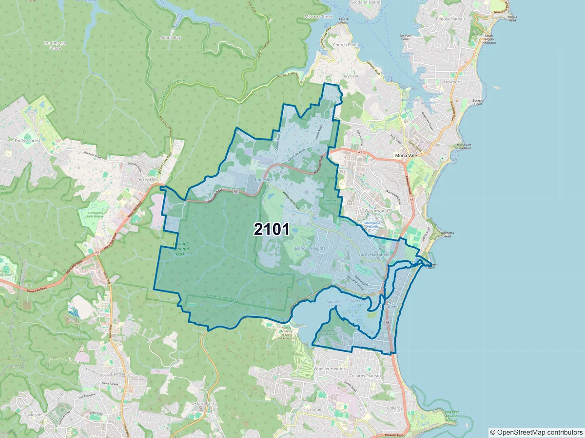 Map of postcode 2101 — Narrabeen, NSW, Australia