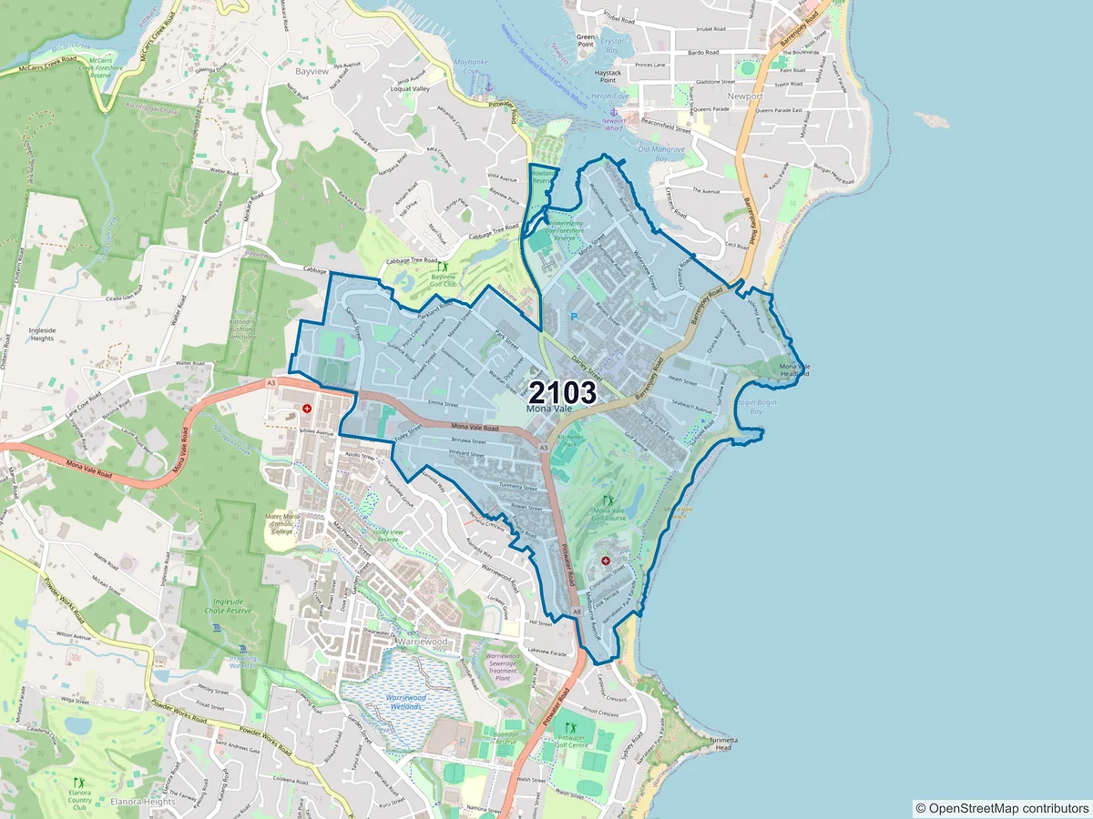 Map of postcode 2103 — Mona Vale, NSW, Australia