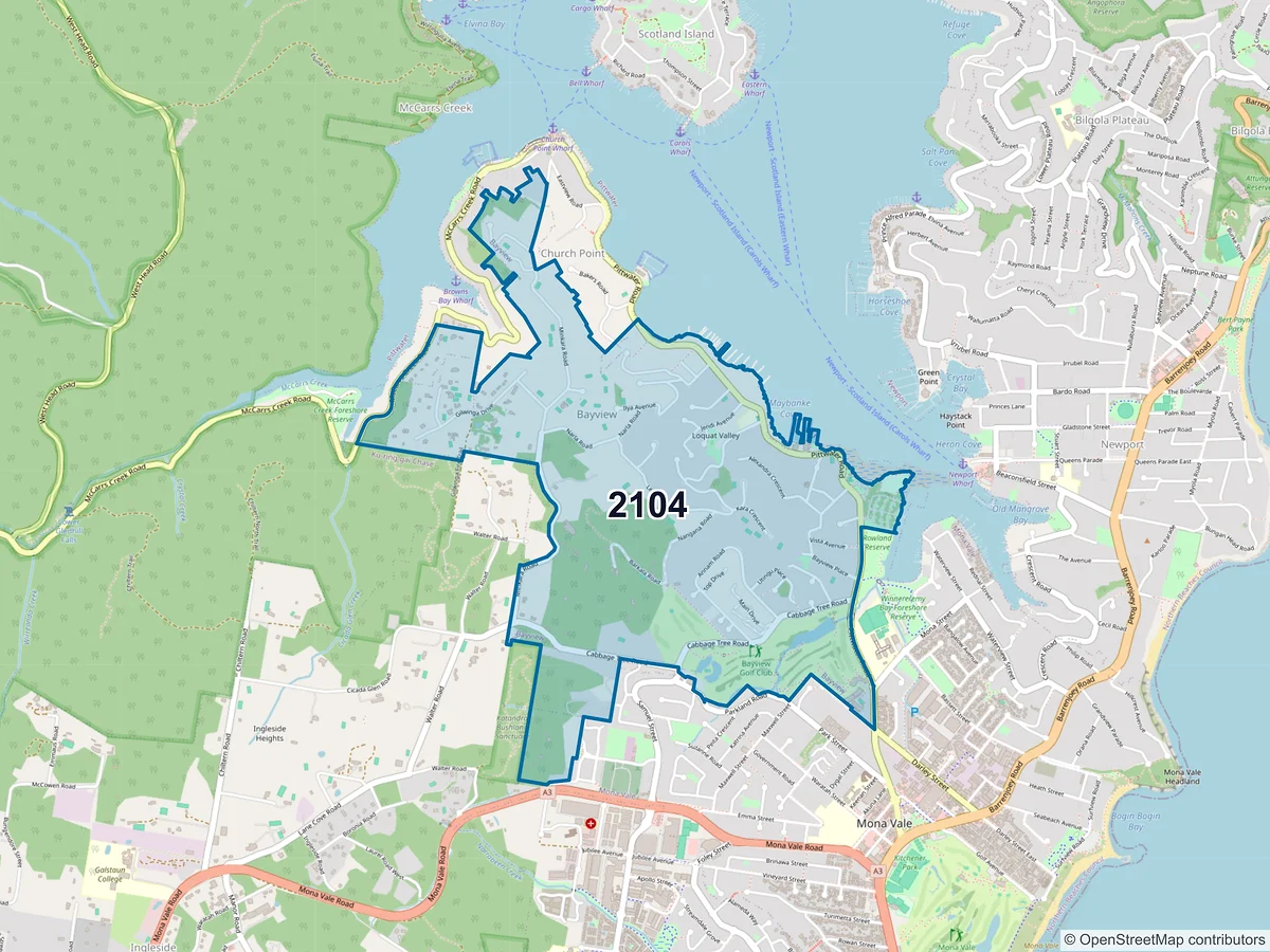 Map of postcode 2104 — Bayview, NSW, Australia