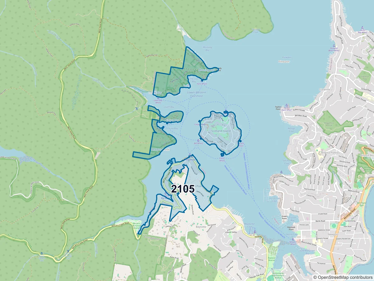 Map of postcode 2105 — Church Point, NSW, Australia