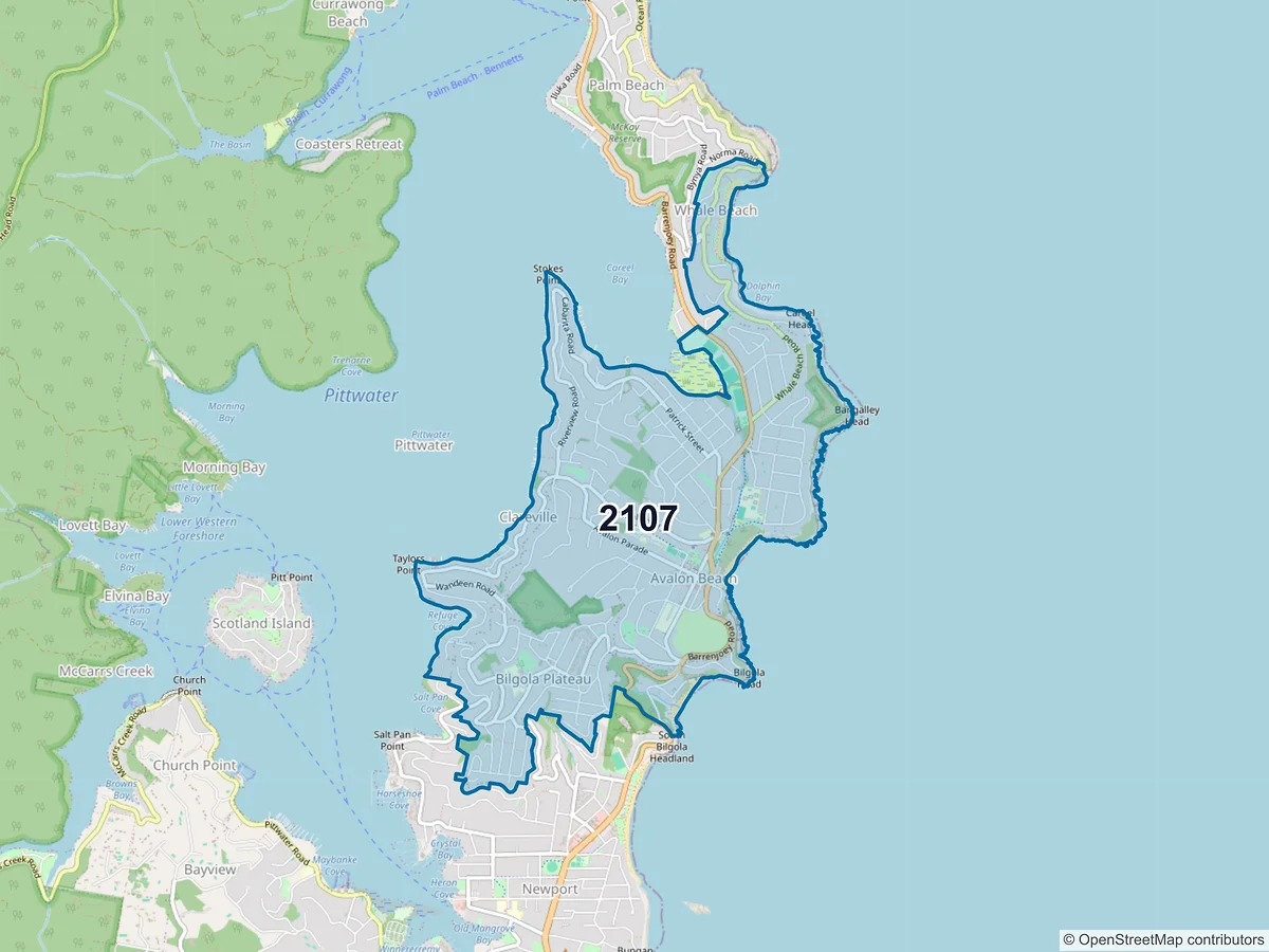Map of postcode 2107 — Avalon Beach, NSW, Australia