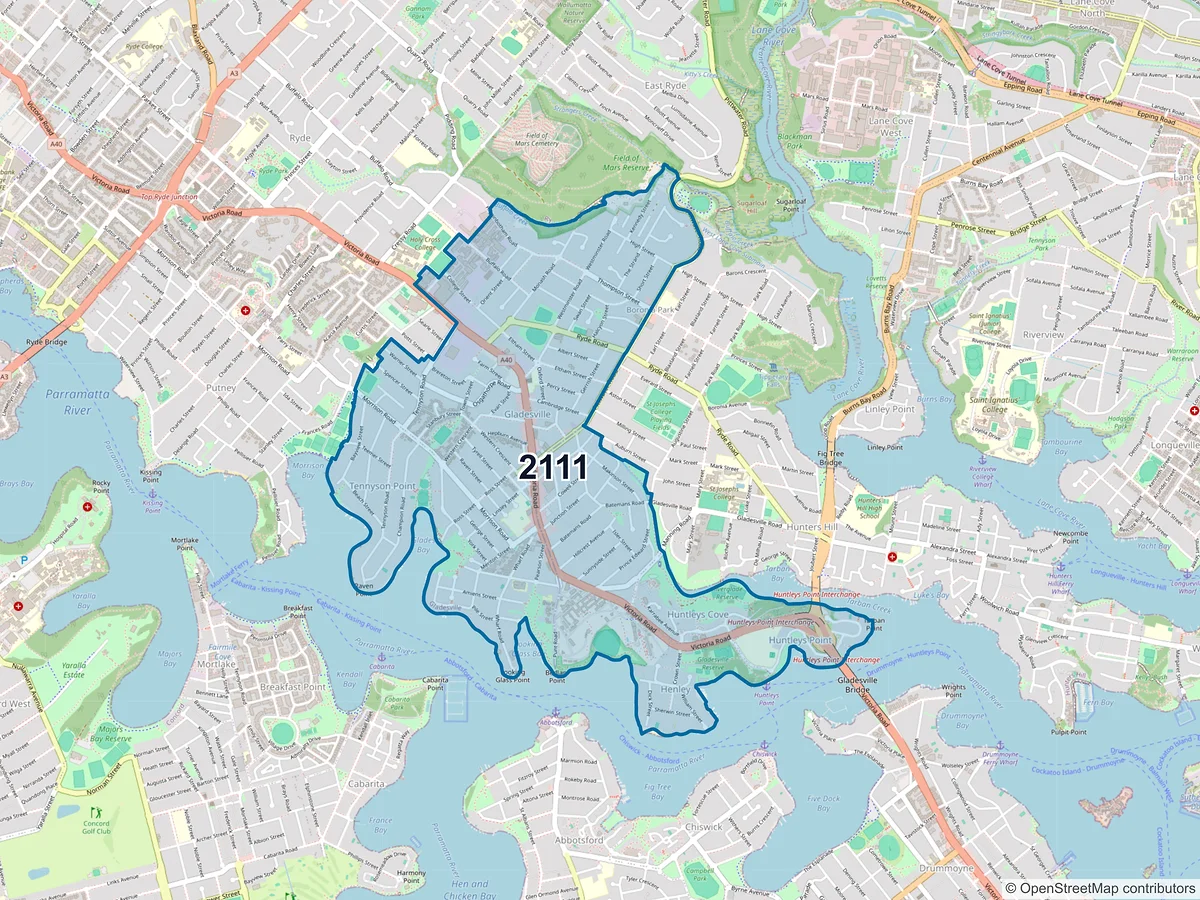 Map of postcode 2111 — Gladesville, NSW, Australia