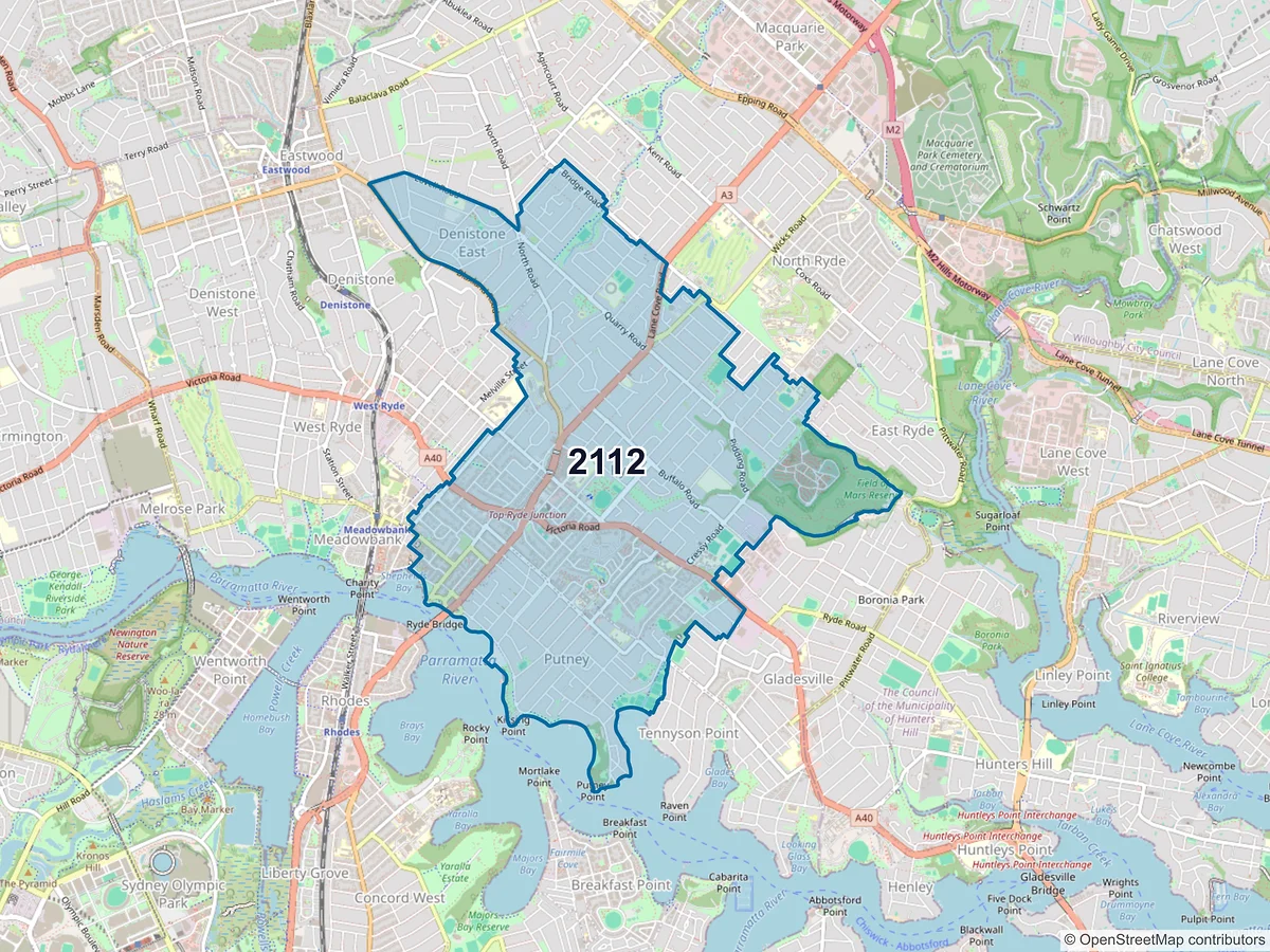 Map of postcode 2112 — Ryde, NSW, Australia