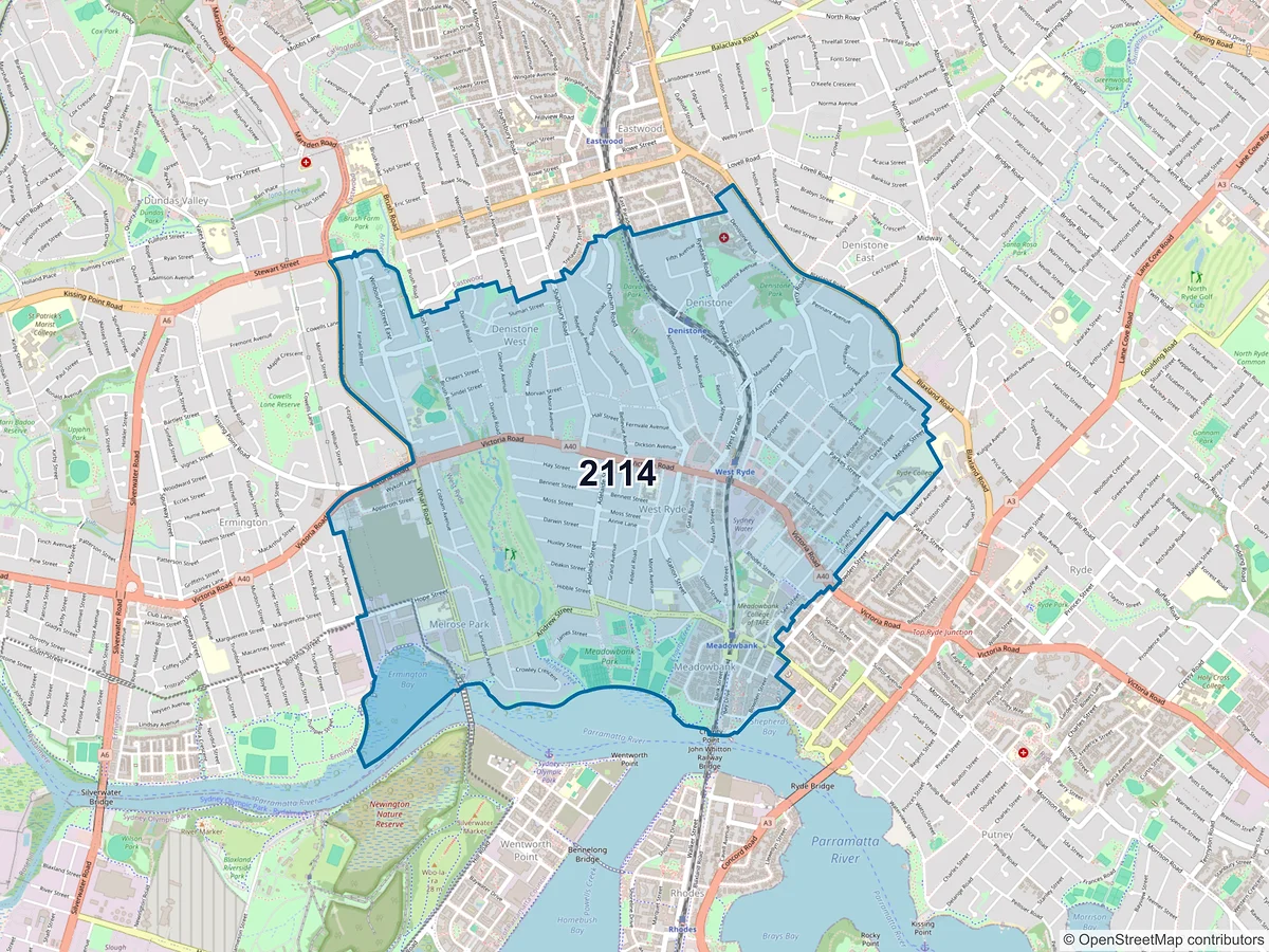 Map of postcode 2114 — West Ryde, NSW, Australia