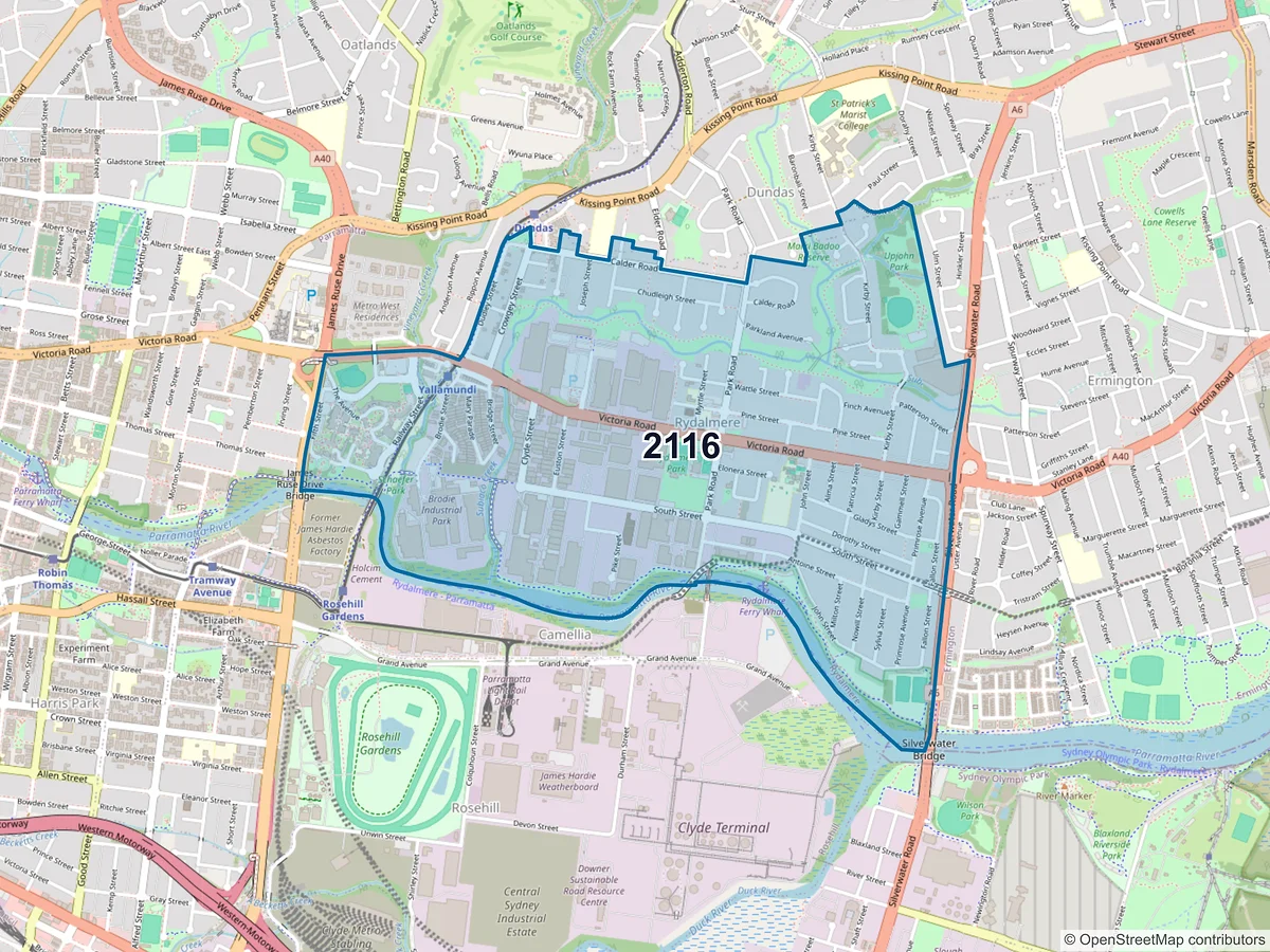 Map of postcode 2116 — Rydalmere, NSW, Australia