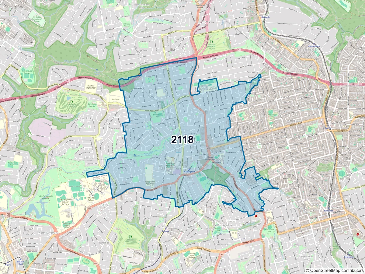 Map of postcode 2118 — Carlingford, NSW, Australia