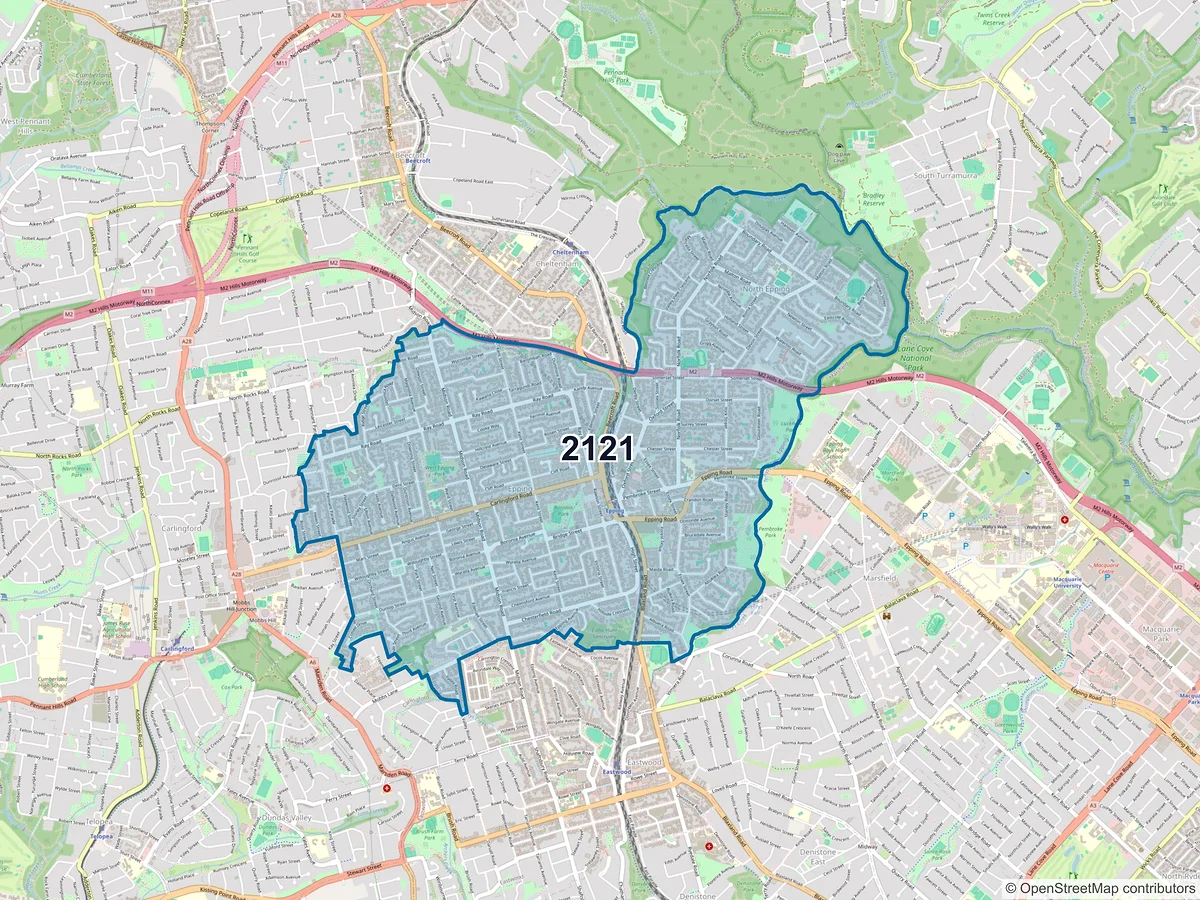 Map of postcode 2121 — Epping, NSW, Australia