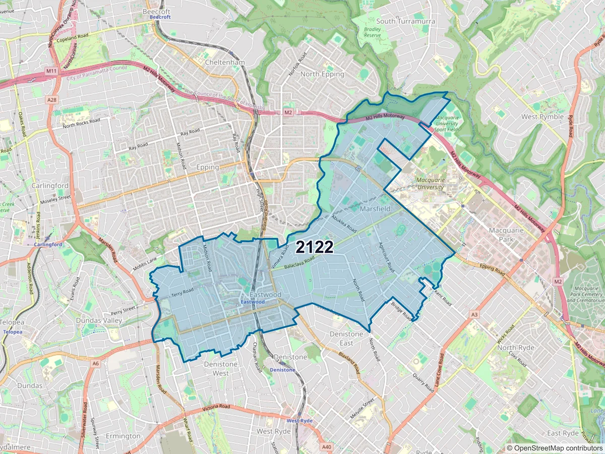 Map of postcode 2122 — Eastwood, NSW, Australia