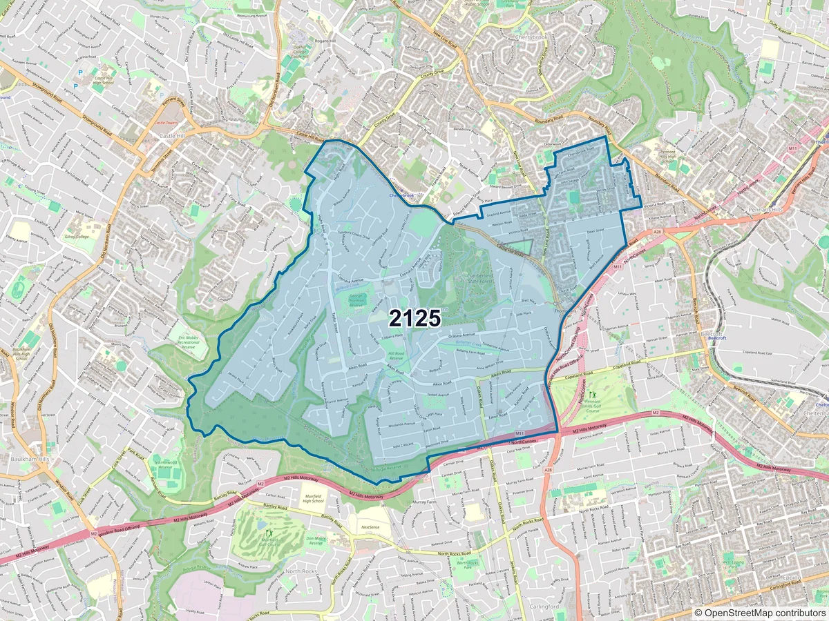 Map of postcode 2125 — West Pennant Hills, NSW, Australia