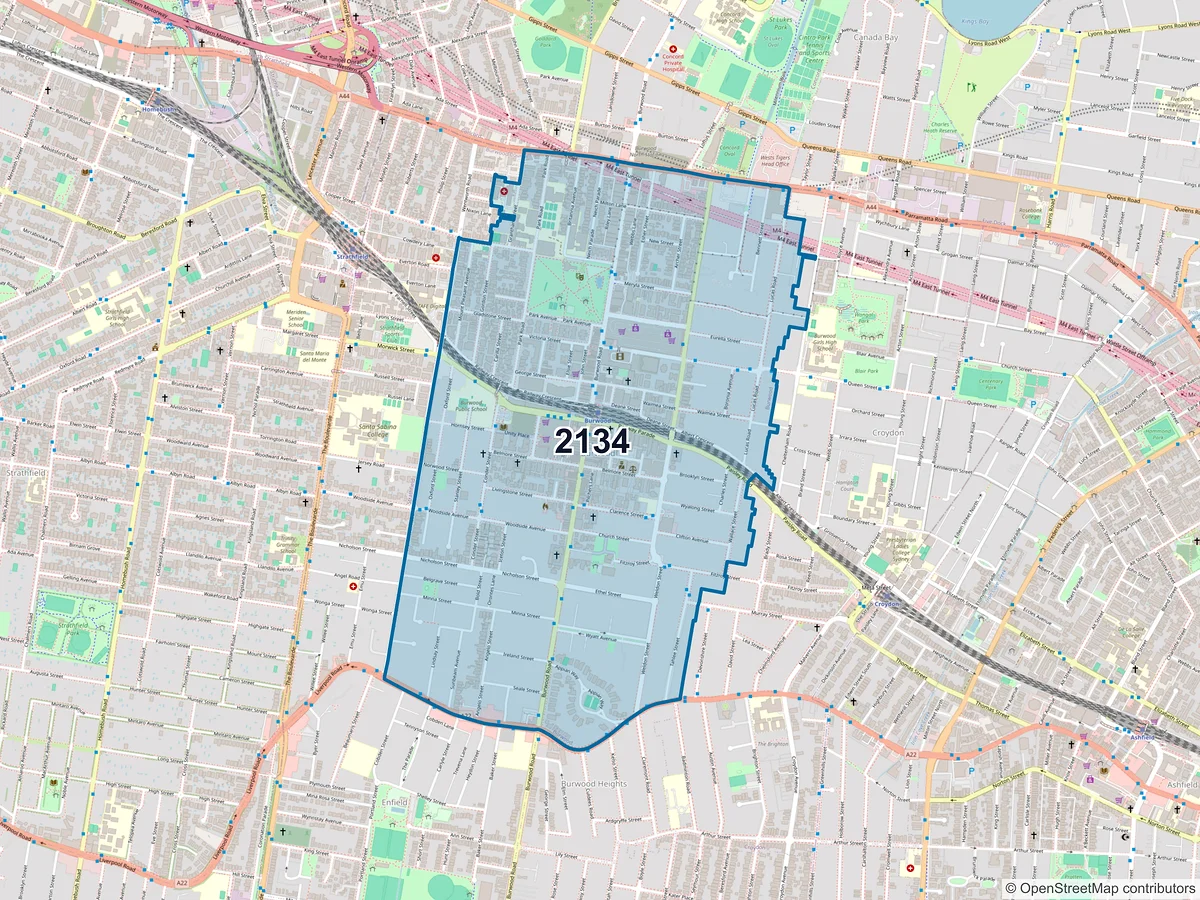 Map of postcode 2134 — Burwood, NSW, Australia