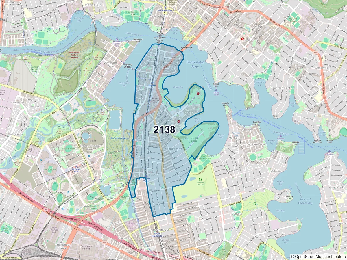 Map of postcode 2138 — Rhodes, NSW, Australia