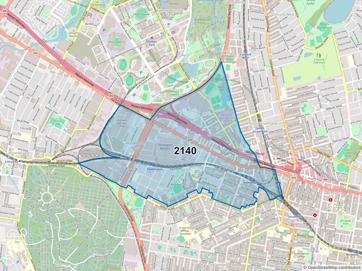 Map of postcode 2140 — Homebush, NSW, Australia