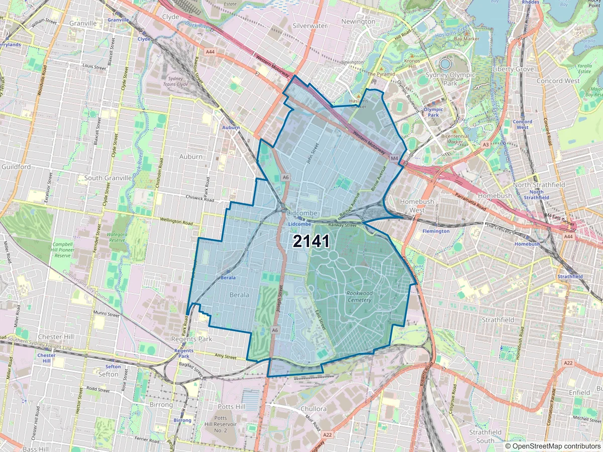 Map of postcode 2141 — Lidcombe, NSW, Australia