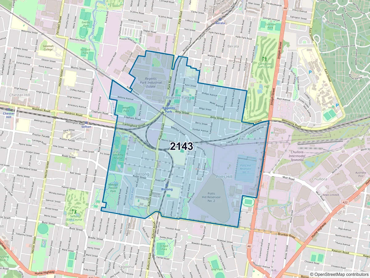 Map of postcode 2143 — Regents Park, NSW, Australia