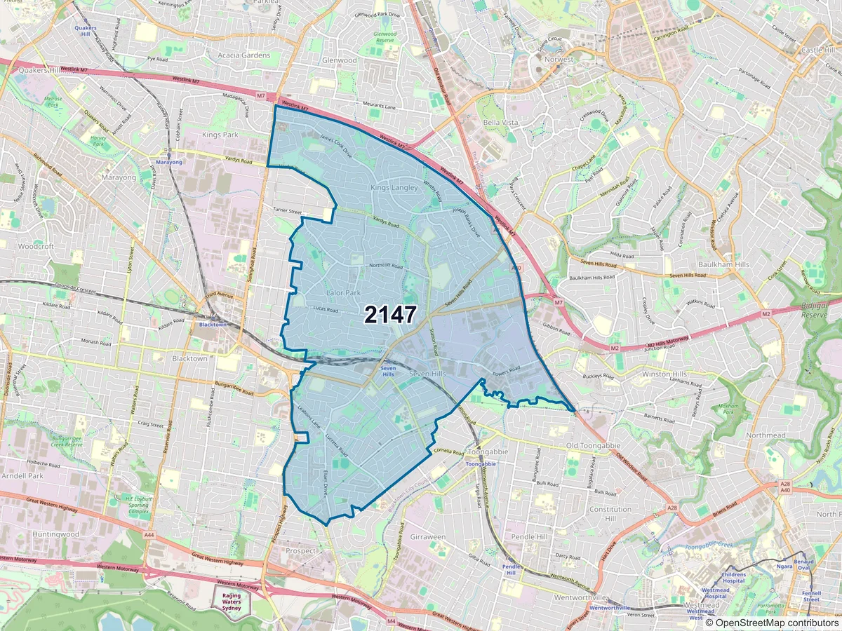 Map of postcode 2147 — Seven Hills, NSW, Australia