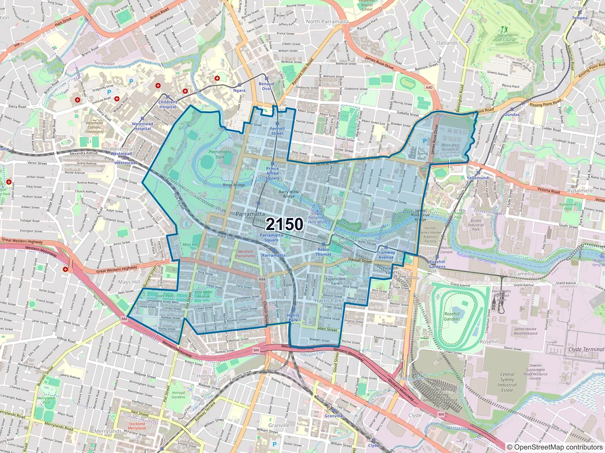 Map of postcode 2150 — Parramatta, NSW, Australia