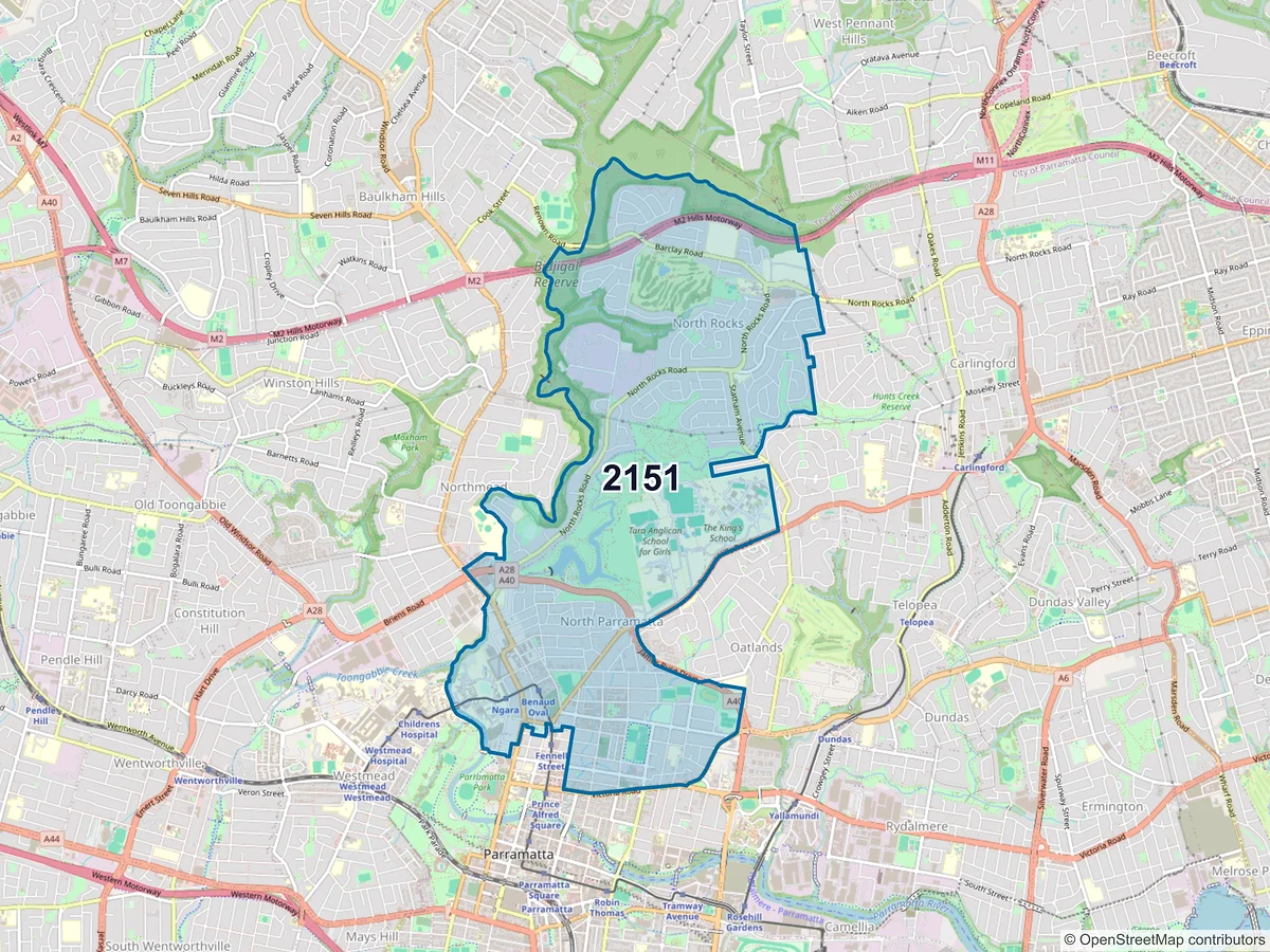 Map of postcode 2151 — North Parramatta, NSW, Australia
