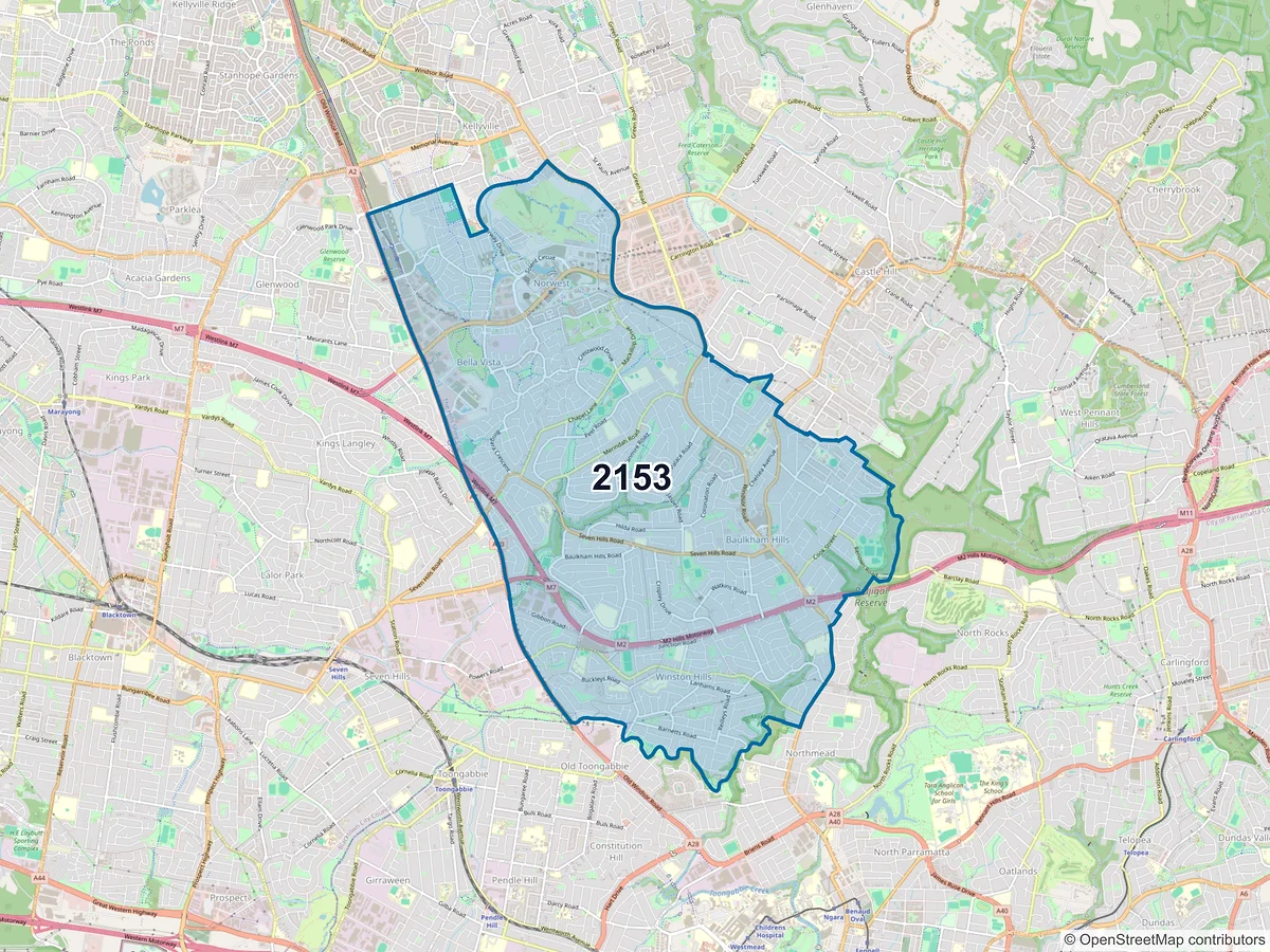 Map of postcode 2153 — Baulkham Hills, NSW, Australia