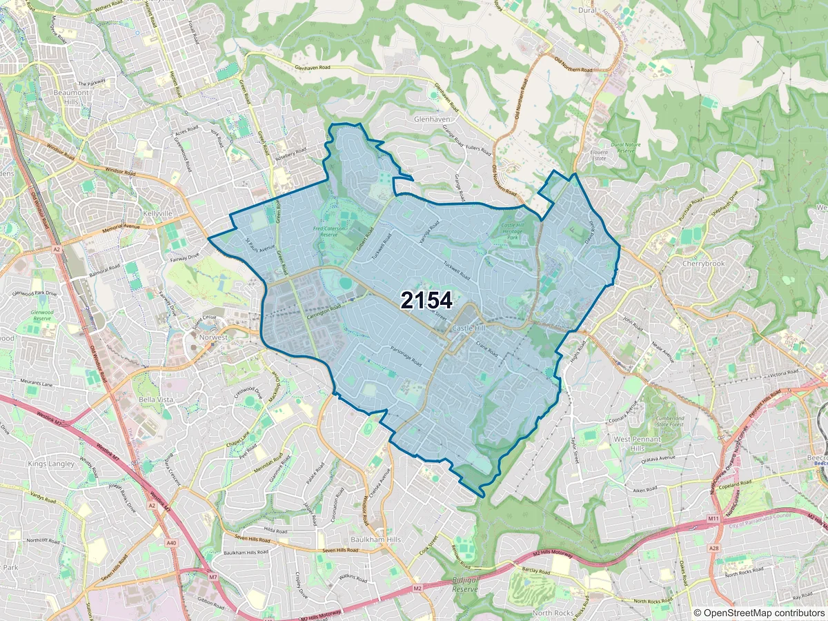 Map of postcode 2154 — Castle Hill, NSW, Australia