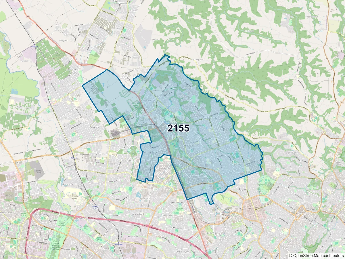 Map of postcode 2155 — Kellyville, NSW, Australia