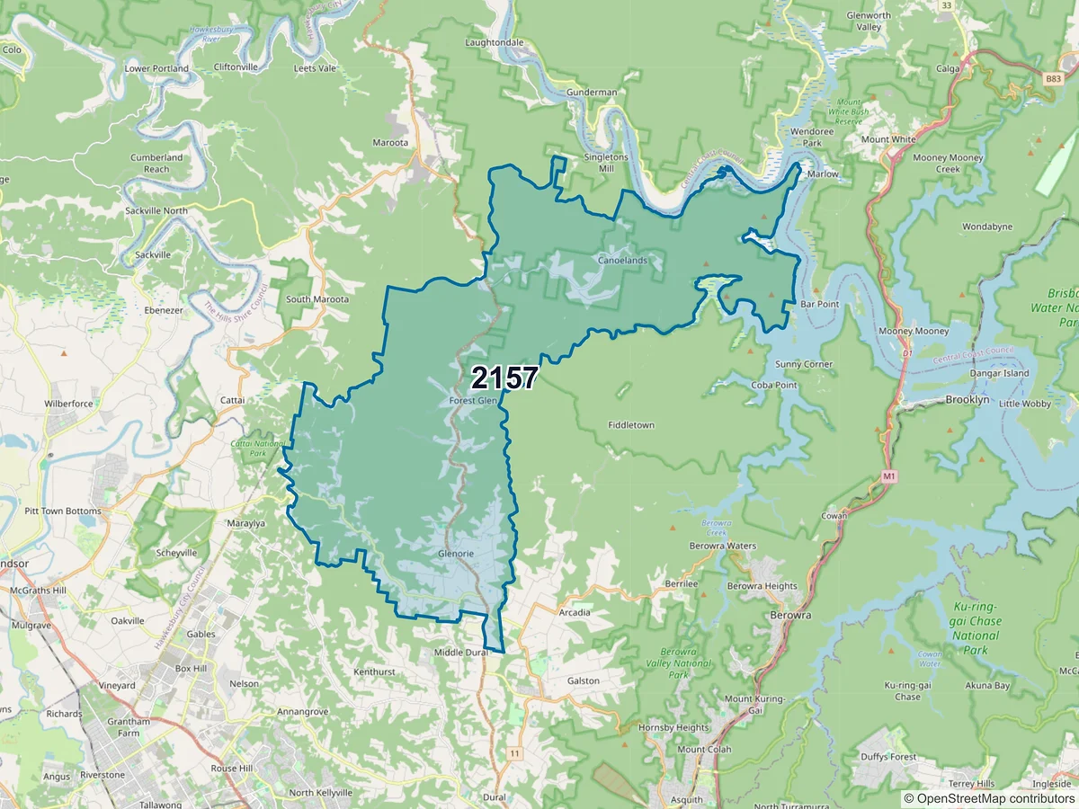 Map of postcode 2157 — Glenorie, NSW, Australia