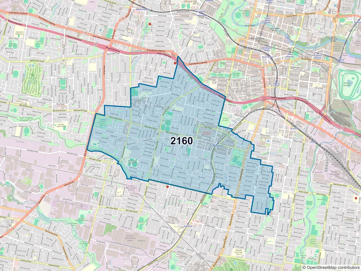 Map of postcode 2160 — Merrylands, NSW, Australia