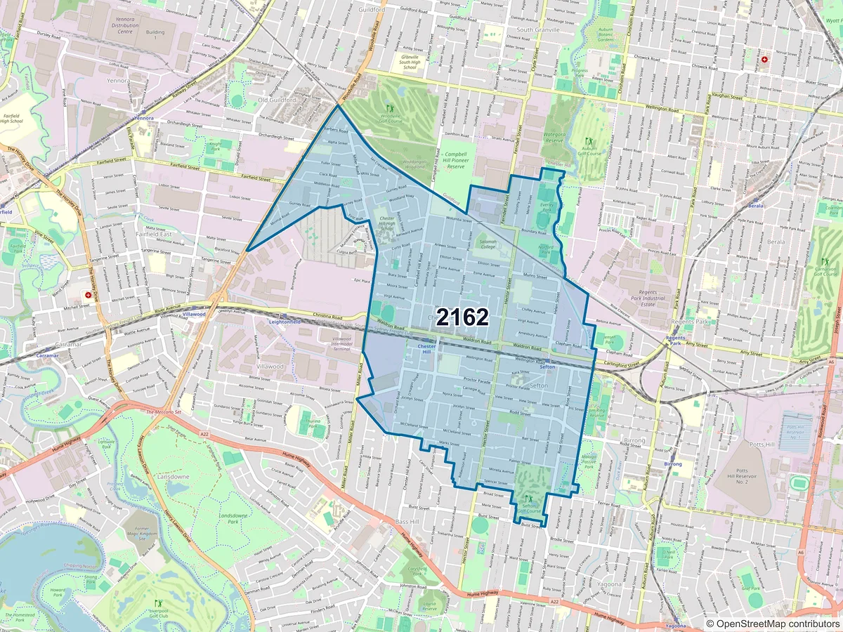 Map of postcode 2162 — Chester Hill, NSW, Australia